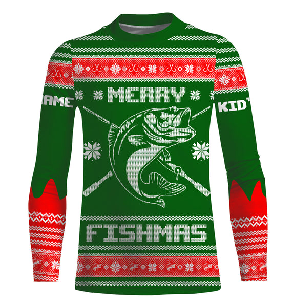 Bass Fishing Merry Fishmas Ugly Sweater pattern Custom Long Sleeve Fishing Shirts, Christmas Fishing gifts - IPHW1872