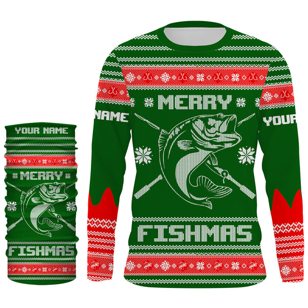 Bass Fishing Merry Fishmas Ugly Sweater pattern Custom Long Sleeve Fishing Shirts, Christmas Fishing gifts - IPHW1872