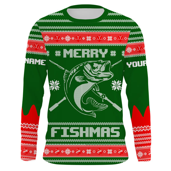 Bass Fishing Merry Fishmas Ugly Sweater pattern Custom Long Sleeve Fishing Shirts, Christmas Fishing gifts - IPHW1872