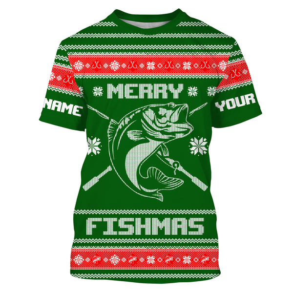 Bass Fishing Merry Fishmas Ugly Sweater pattern Custom Long Sleeve Fishing Shirts, Christmas Fishing gifts - IPHW1872