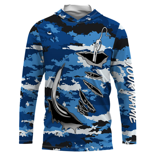 Fishing camo Fish hook Custom Long sleeve performance Fishing Shirts, blue camo Fishing jerseys IPHW2932