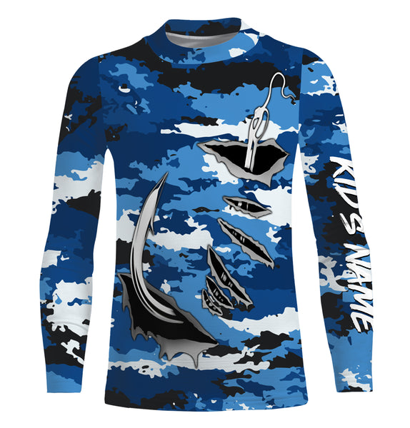 Fishing camo Fish hook Custom Long sleeve performance Fishing Shirts, blue camo Fishing jerseys IPHW2932