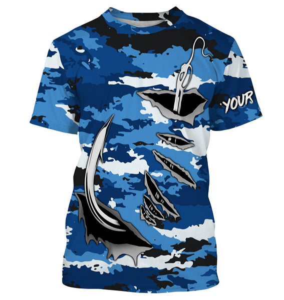 Fishing camo Fish hook Custom Long sleeve performance Fishing Shirts, blue camo Fishing jerseys IPHW2932