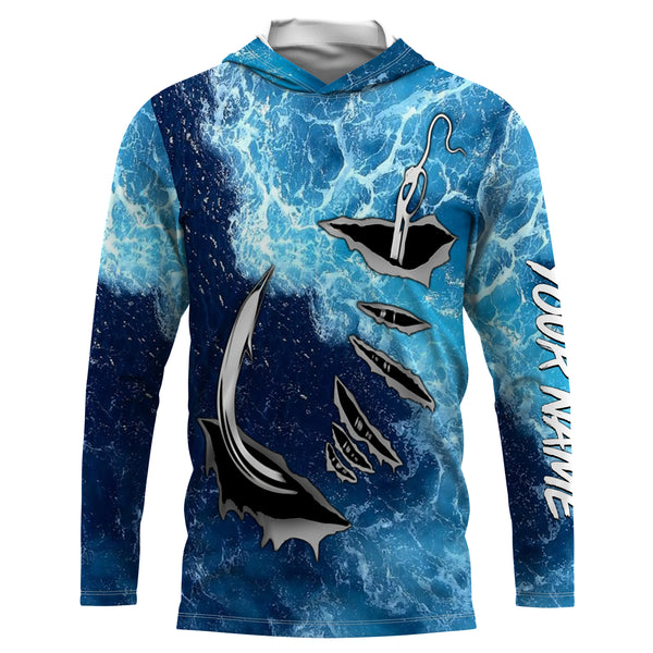 Fishing camo Fish hook Custom Long sleeve performance Fishing Shirts, sea waves camo Fishing jerseys IPHW2934