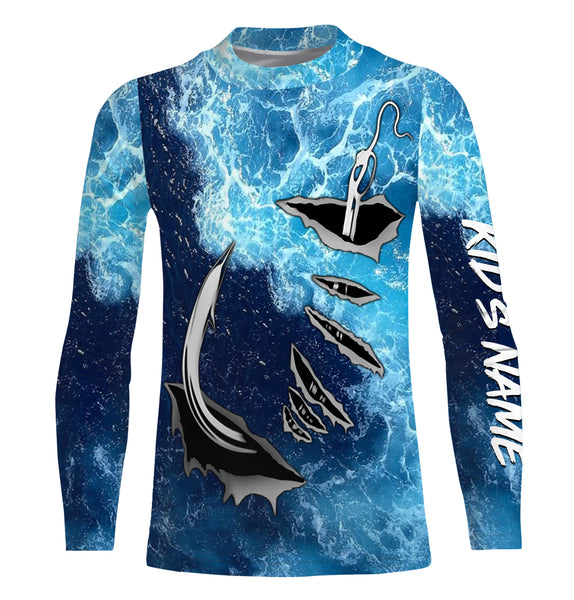 Fishing camo Fish hook Custom Long sleeve performance Fishing Shirts, sea waves camo Fishing jerseys IPHW2934