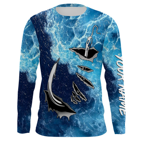 Fishing camo Fish hook Custom Long sleeve performance Fishing Shirts, sea waves camo Fishing jerseys IPHW2934