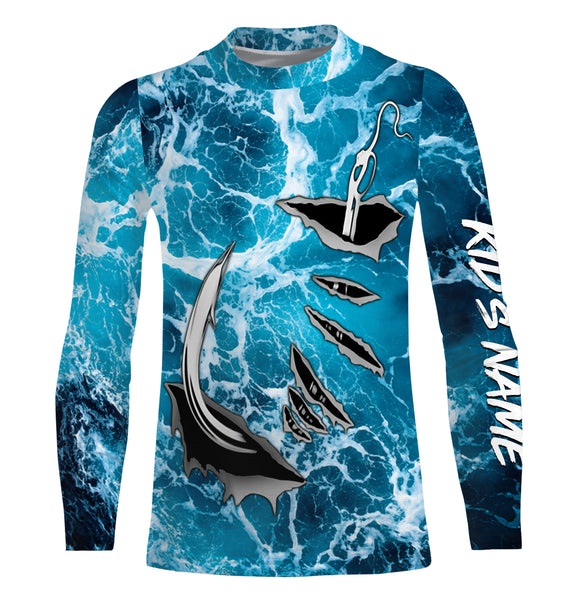 Fishing camo Fish hook Custom Long sleeve performance Fishing Shirts, sea waves camo Fishing jerseys IPHW2935