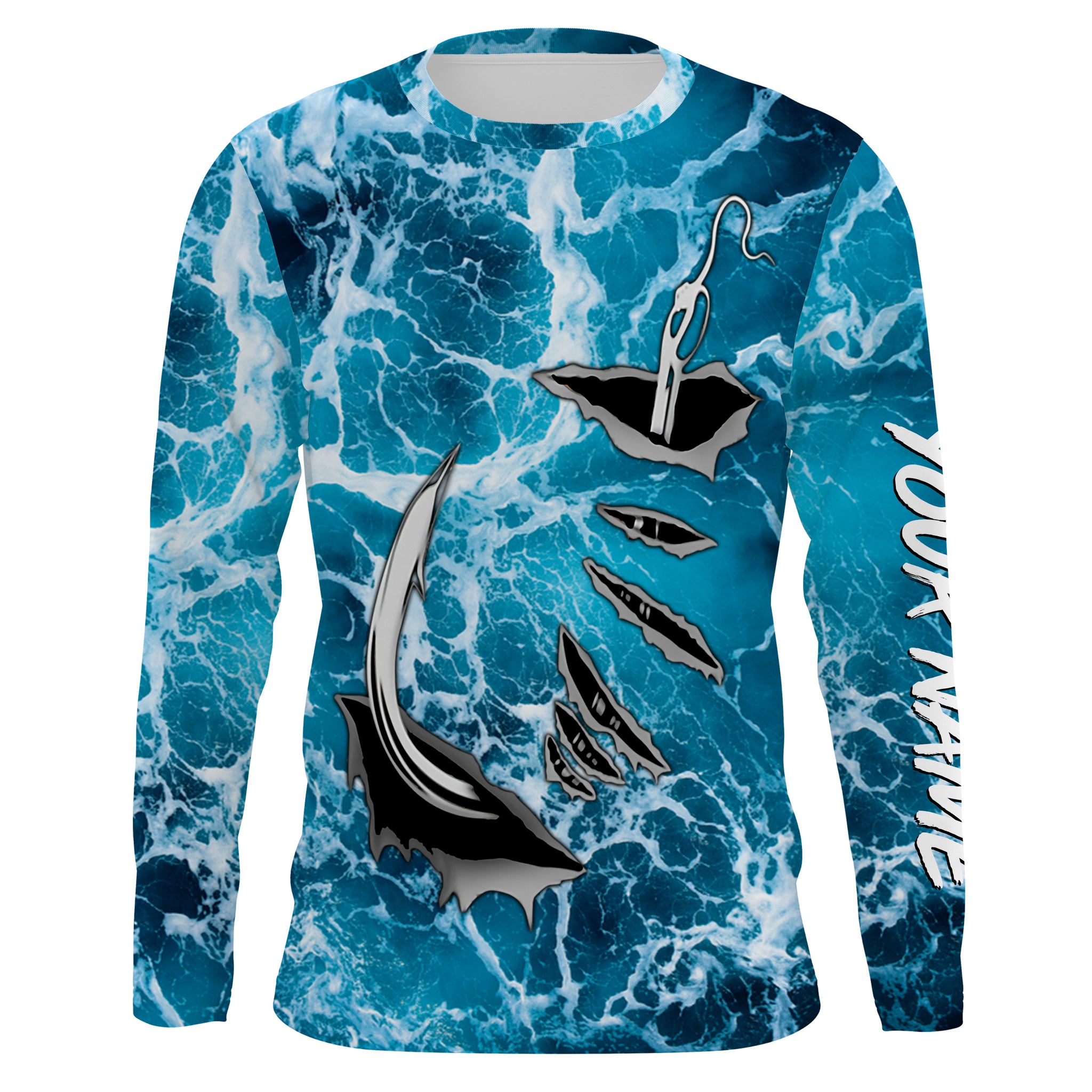 Fishing camo Fish hook Custom Long sleeve performance Fishing Shirts, sea waves camo Fishing jerseys IPHW2935