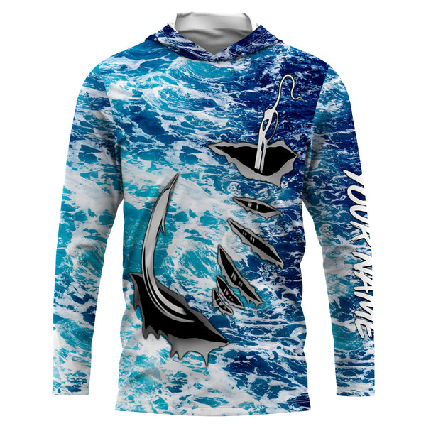 Fishing camo Fish hook Custom Long sleeve performance Fishing Shirts, sea waves camo Fishing jerseys IPHW2936