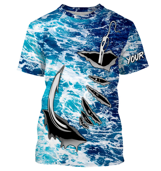 Fishing camo Fish hook Custom Long sleeve performance Fishing Shirts, sea waves camo Fishing jerseys IPHW2936