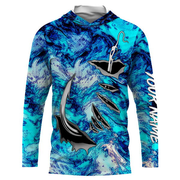 Fishing camo Fish hook Custom Long sleeve performance Fishing Shirts, blue camo Fishing jerseys IPHW2937