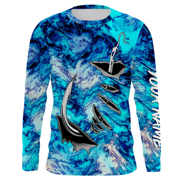 Fishing camo Fish hook Custom Long sleeve performance Fishing Shirts, blue camo Fishing jerseys IPHW2937