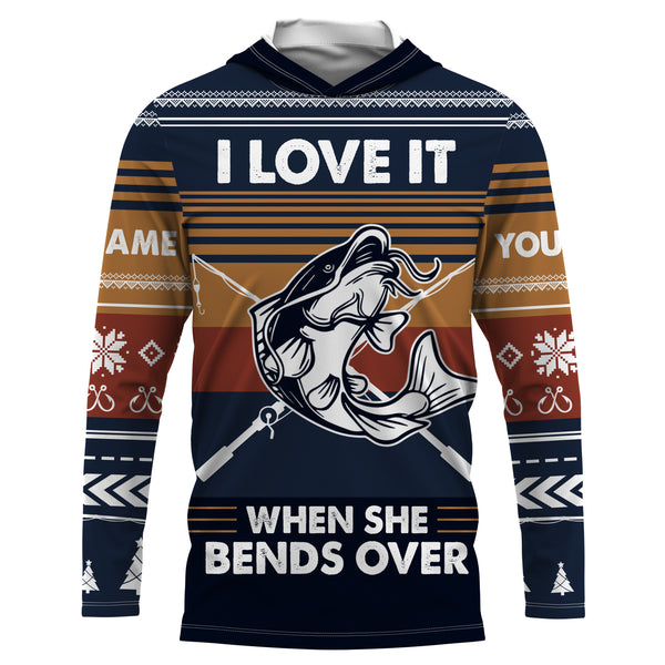 I love it when she bends over Catfish Custom Ugly Sweater pattern Long Sleeve Fishing Shirts, Catfish Fishing Christmas gifts - IPHW1877