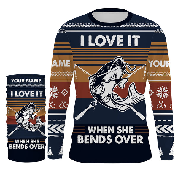 I love it when she bends over Catfish Custom Ugly Sweater pattern Long Sleeve Fishing Shirts, Catfish Fishing Christmas gifts - IPHW1877