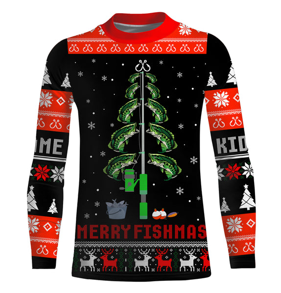 Bass Fishing Christmas Tree Custom Long Sleeve Fishing Shirts, Ugly Sweater pattern Christmas Fishing gifts - IPHW1880