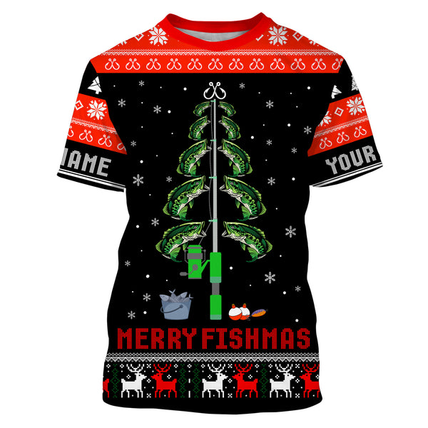 Bass Fishing Christmas Tree Custom Long Sleeve Fishing Shirts, Ugly Sweater pattern Christmas Fishing gifts - IPHW1880