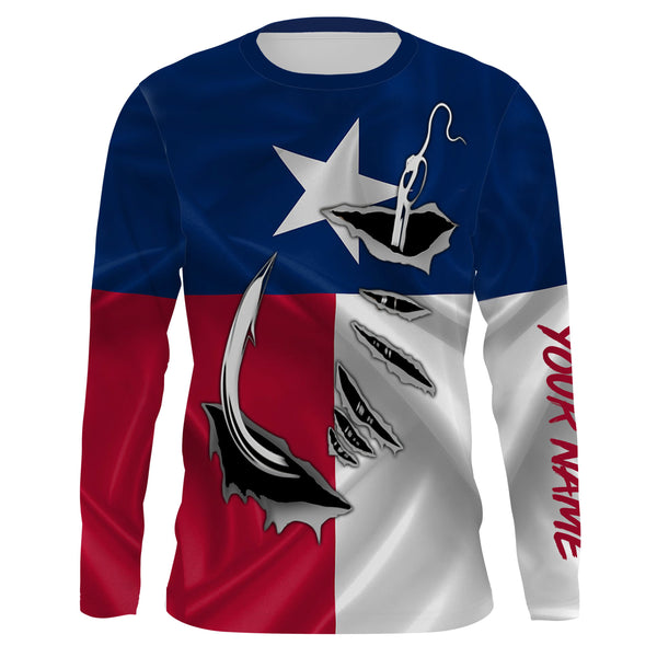 Texas Flag Long Sleeve performance Fishing Shirts, Custom Texas Fishing Hooks Shirts for men, women and kids - IPH1891