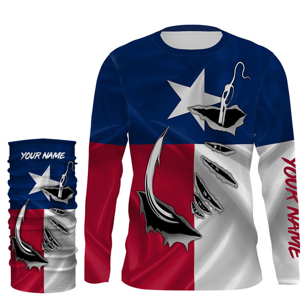 Texas Flag Long Sleeve performance Fishing Shirts, Custom Texas Fishing Hooks Shirts for men, women and kids - IPH1891