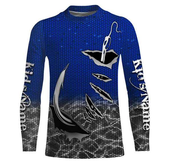 3D Fish hook Custom UV Protection Long Sleeve performance Fishing Shirts, personalized Fishing gift ideas | blue - IPHW1705