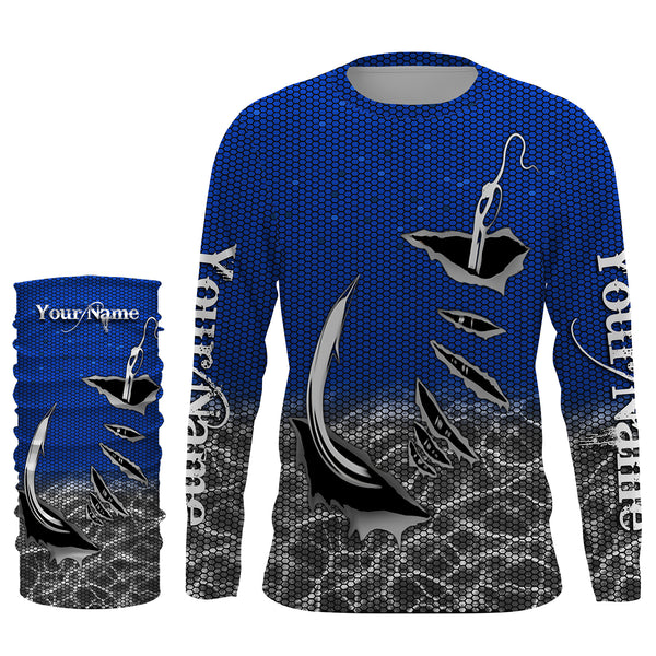 3D Fish hook Custom UV Protection Long Sleeve performance Fishing Shirts, personalized Fishing gift ideas | blue - IPHW1705