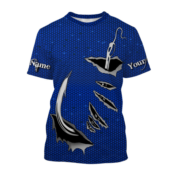 3D Fish hook Custom UV Protection Long Sleeve performance Fishing Shirts, personalized Fishing gift ideas | blue - IPHW1706
