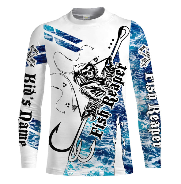 Fish reaper blue sea wave camo Custom  Long Sleeve Fishing Shirts, Fish skull performance Fishing apparel - IPHW1412