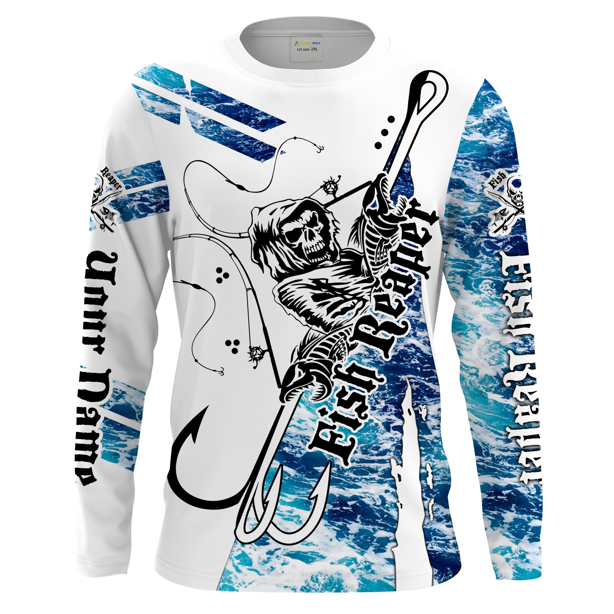 Fish reaper blue sea wave camo Custom  Long Sleeve Fishing Shirts, Fish skull performance Fishing apparel - IPHW1412