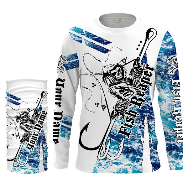 Fish reaper blue sea wave camo Custom  Long Sleeve Fishing Shirts, Fish skull performance Fishing apparel - IPHW1412