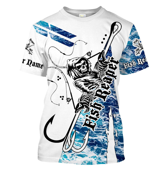 Fish reaper blue sea wave camo Custom  Long Sleeve Fishing Shirts, Fish skull performance Fishing apparel - IPHW1412