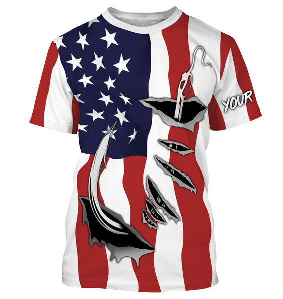 Fishing hook American Flag Long Sleeve Fishing Shirts, Personalized Patriotic Fishing gifts for men - IPH1900