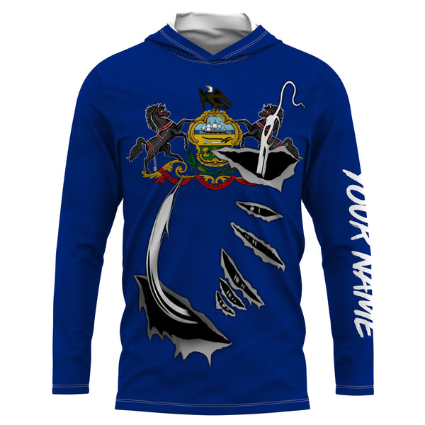 PA Pennsylvania Flag Fishing 3D Fish Hook Custom Long sleeves Fishing Shirts UPF 30+ personalized Patriotic fishing gifts - IPH1907