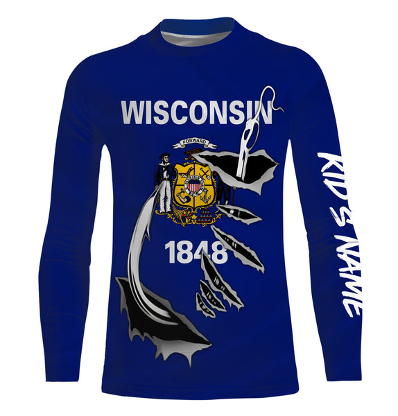 WI Wisconsin Flag Fishing 3D Fish Hook UV protection Custom Long sleeves Fishing Shirts, Patriotic fishing gifts - IPH1912