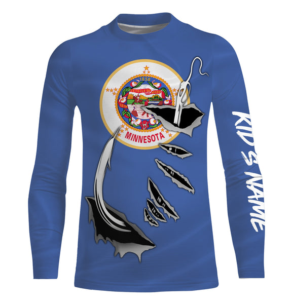 Personalized Minnesota Flag Fishing hook Long Sleeve performance Fishing Shirts Fishing gift IPH1913