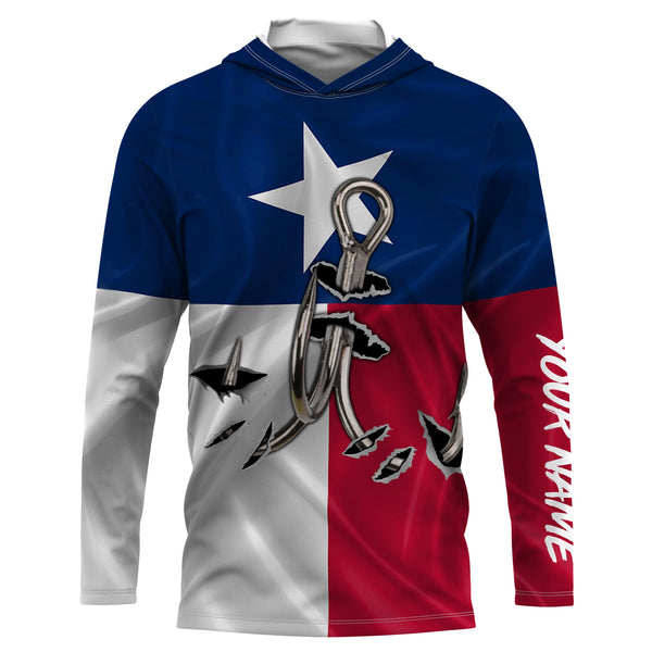 Custom Texas Flag Texas Fishing 3D Fish Hook UV Protection Long Sleeve UPF 30+ personalized fishing apparel gift - IPHW434