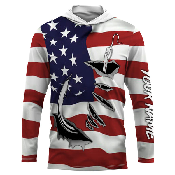 Custom US Flag US Fishing 3D Fish Hook UV Protection Long Sleeve UPF 30+ personalized fishing apparel gift - IPHW448