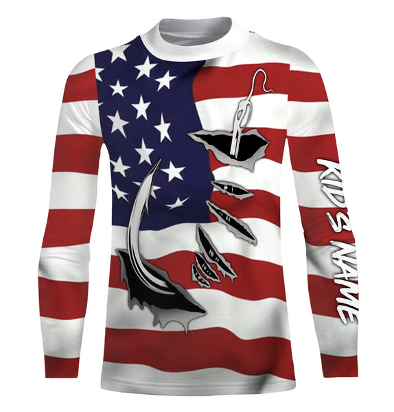 Custom US Flag US Fishing 3D Fish Hook UV Protection Long Sleeve UPF 30+ personalized fishing apparel gift - IPHW448