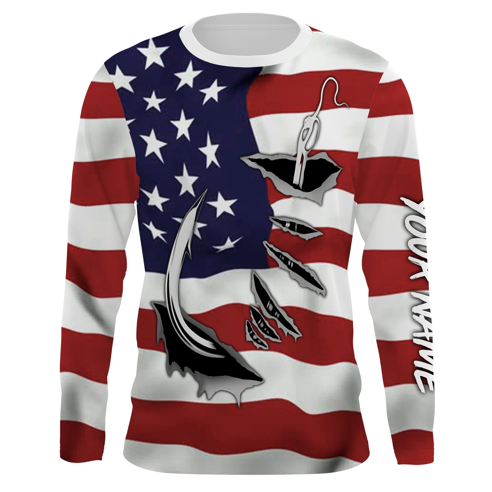 Custom US Flag US Fishing 3D Fish Hook UV Protection Long Sleeve UPF 30+ personalized fishing apparel gift - IPHW448