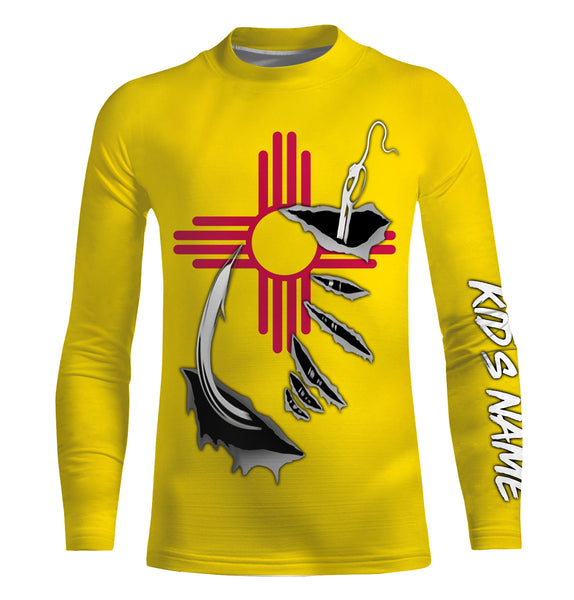 NM Fishing 3D Fish Hook New Mexico Flag UV protection quick dry customize name long sleeves shirts UPF 30+ personalized fishing apparel gift for Fishing lovers - IPHW472