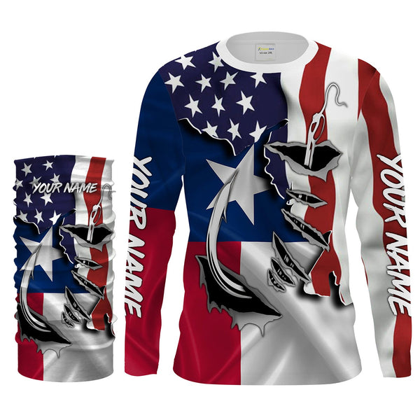 American Texas Flag Fish hook Custom UV Long Sleeve Fishing Shirts for men, women and kids, Patriotic Fishing gifts - IPHW814