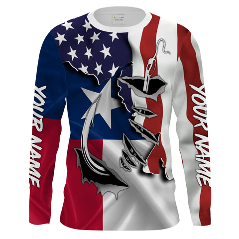 American Texas Flag Fish hook Custom UV Long Sleeve Fishing Shirts for men, women and kids, Patriotic Fishing gifts - IPHW814