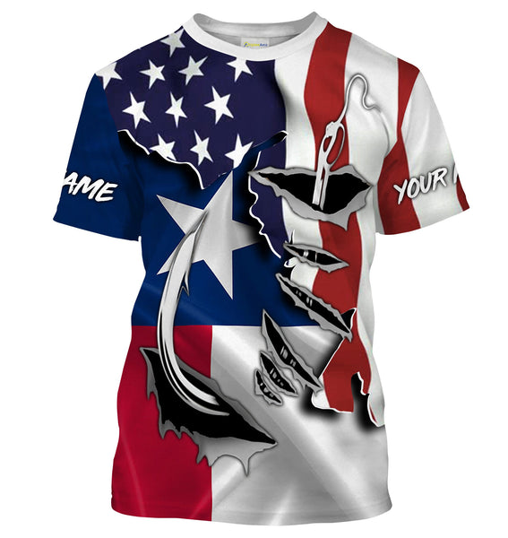 American Texas Flag Fish hook Custom UV Long Sleeve Fishing Shirts for men, women and kids, Patriotic Fishing gifts - IPHW814