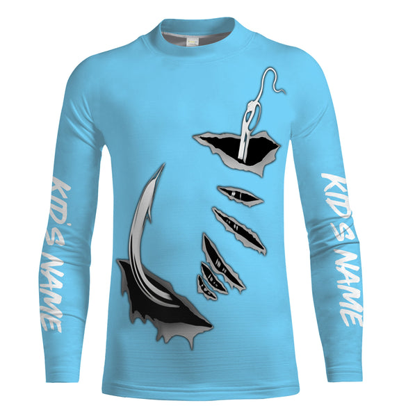 3D Fish hook Customize UV Protection Long sleeve performance Fishing Shirts | baby blue - IPHW1482