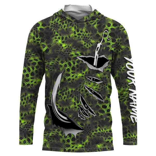 Personalized Fish Hook Custom Long Sleeve performance Camo Fishing Shirts, Custom Fishing gift ideas | green camo - IPHW2109