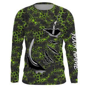 Personalized Fish Hook Custom Long Sleeve performance Camo Fishing Shirts, Custom Fishing gift ideas | green camo - IPHW2109