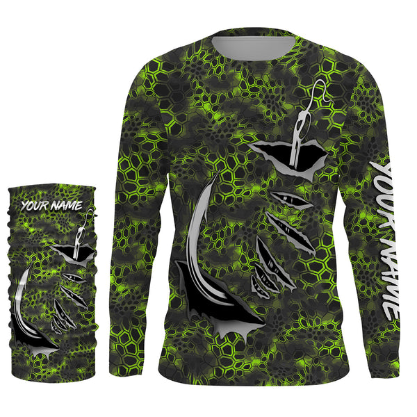 Personalized Fish Hook Custom Long Sleeve performance Camo Fishing Shirts, Custom Fishing gift ideas | green camo - IPHW2109