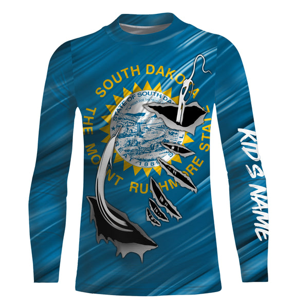 South Dakota Flag 3D Fish hook UV protection Custom long sleeve performance Fishing Shirts UPF 30+ fishing apparel - IPHW512