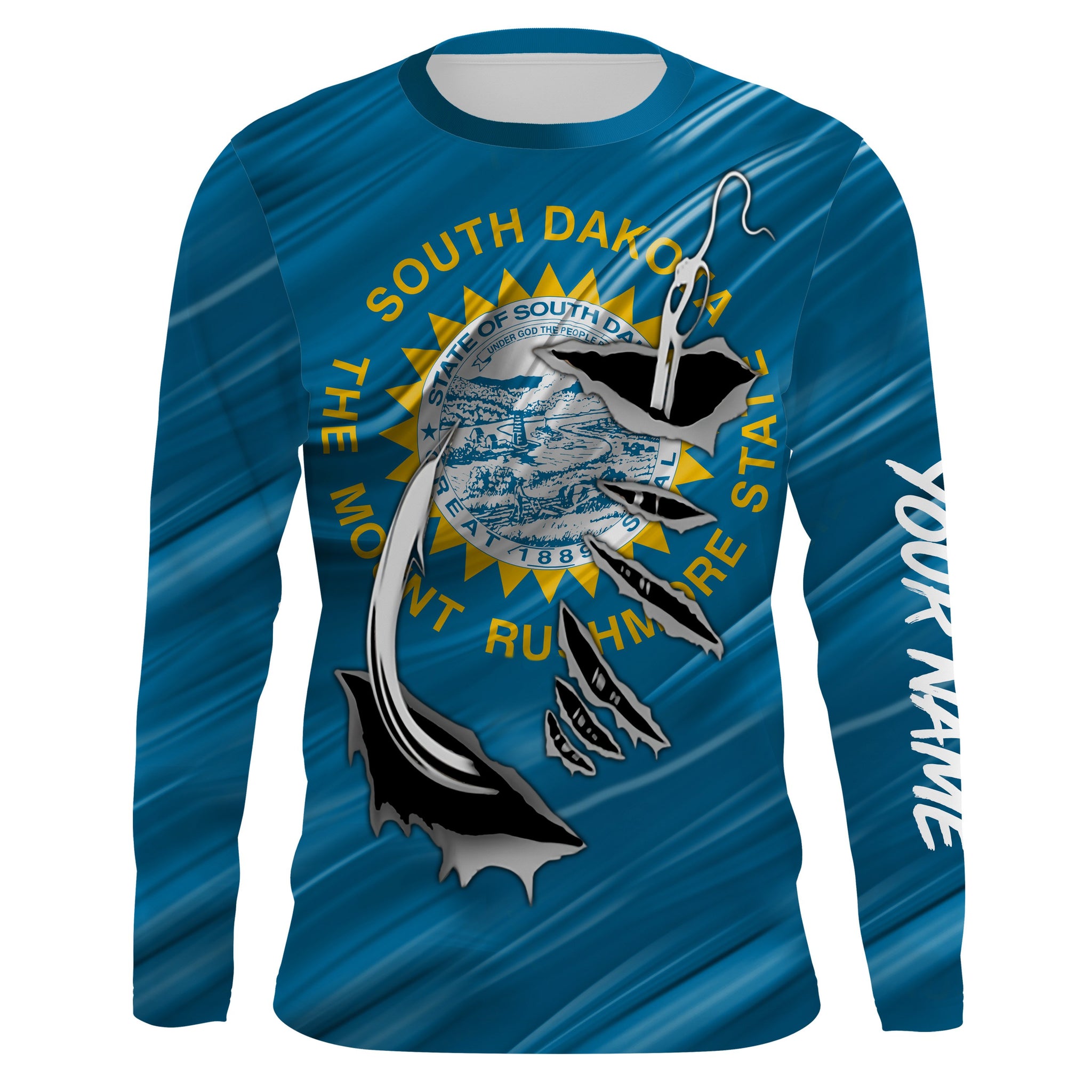 South Dakota Flag 3D Fish hook UV protection Custom long sleeve performance Fishing Shirts UPF 30+ fishing apparel - IPHW512