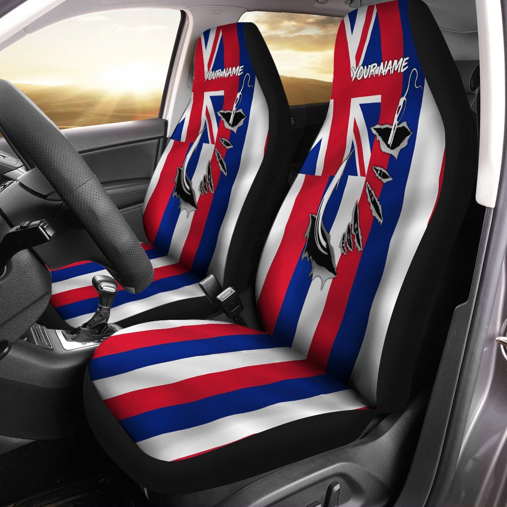 Fishing Fish Hook Hawaiian Flag Custom Car Seat Covers Set of 2, Personalized Patriotic Fishing Gifts FEB21 - IPHW643