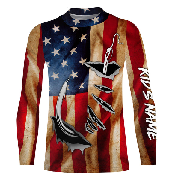 Fish Hook Vintage American Flag Custom Long Sleeve Fishing Shirts, Personalized Patriotic Fishing Gifts - IPHW662