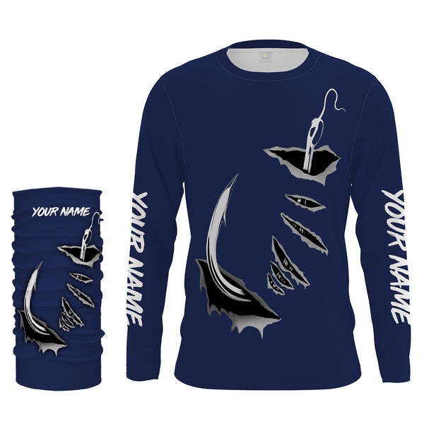 Fish hook Custom Navy blue Long Sleeve performance Fishing Shirts Fishing jerseys - IPHW1488